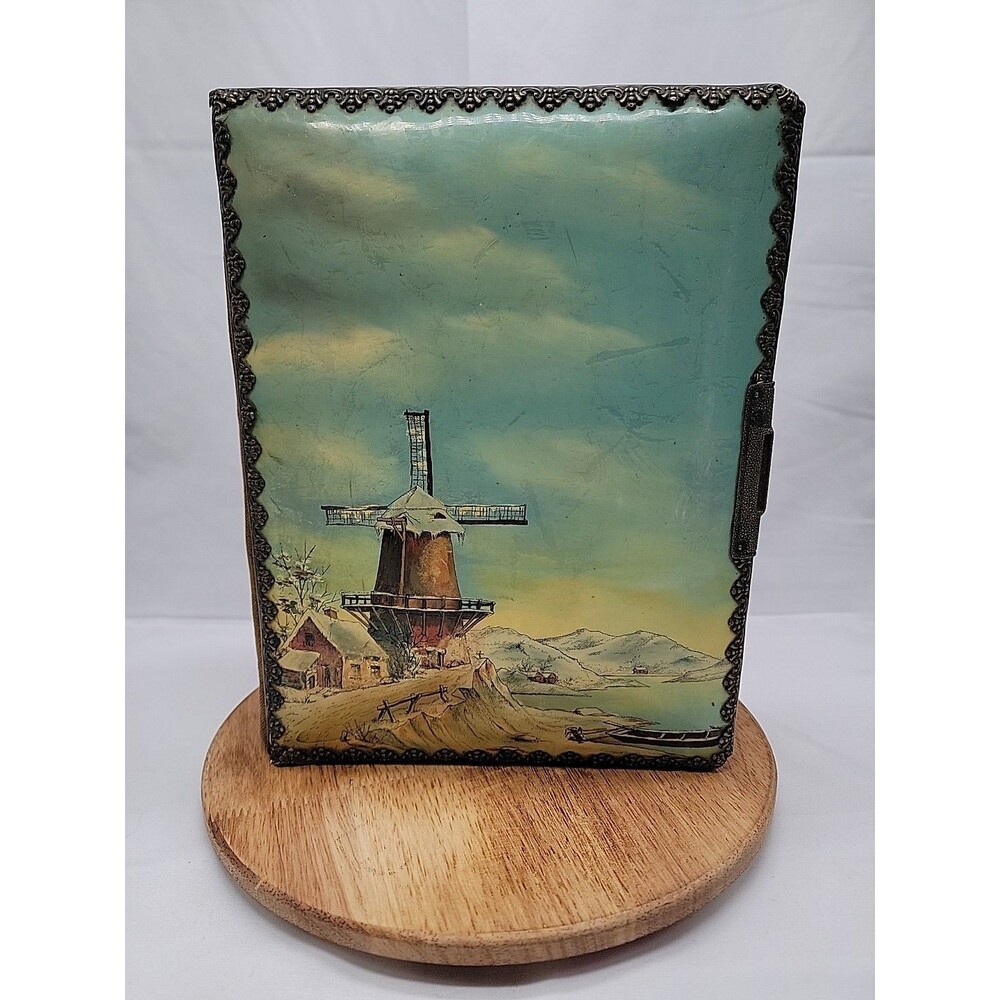 1800s Victorian Antique Photo Album Green Velvet With Windmill Scene 10.5x8x2